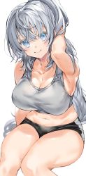 Rule 34 | 1girl, arm up, blue eyes, breasts, highres, kou mashiro, large breasts, long hair, looking at viewer, navel, original, silver hair, simple background, smile, solo, sweat, very long hair, white background