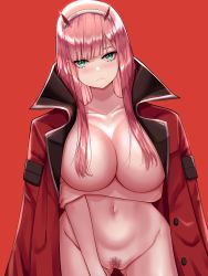 Rule 34 | 1girl, :&lt;, absurdres, aqua eyes, arm under breasts, breasts, cleavage, coat, convenient censoring, darling in the franxx, female focus, female pubic hair, hair censor, hair over breasts, highres, horns, large breasts, long hair, looking at viewer, navel, oni, oni horns, overcoat, padol, pink hair, pubic hair, pussy, solo, standing, uncensored, very long hair, wide hips, zero two (darling in the franxx)