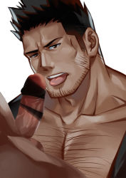 Rule 34 | 2boys, :p, bar censor, bara, beard, black hair, bleach, brown eyes, censored, chest hair, chrisanother, clothed male nude male, dark-skinned male, dark skin, erection, facial hair, frown, imminent fellatio, japanese clothes, kimono, kurosaki isshin, large pectorals, long sideburns, male focus, mature male, multiple boys, muscular, muscular male, nude, open clothes, open kimono, pectoral cleavage, pectorals, penis, pov, short hair, sideburns, spiked hair, stubble, tongue, tongue out, upper body, yaoi