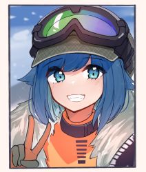 Rule 34 | 1girl, beige border, blue eyes, coat, commentary, eyes visible through hair, fur-trimmed coat, fur trim, gloves, goggles, goggles on head, grin, highres, looking at viewer, nuggetkouhai, orange gloves, orange shirt, original, shirt, short hair, smile, snowing, solo, symbol-only commentary, upper body, v