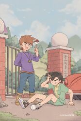 Rule 34 | 2boys, :d, absurdres, arm support, ash ketchum, black eyes, boots, brown hair, car, cloud, collared shirt, creatures (company), day, dukehooverart, fallen down, game freak, gary oak, green shirt, green shorts, highres, jewelry, male focus, motion blur, motor vehicle, multiple boys, necklace, nintendo, open mouth, outdoors, pants, poke ball, poke ball (basic), pokemon, pokemon (anime), pokemon (classic anime), purple shirt, scene reference, shirt, shoes, short hair, short sleeves, shorts, sign, signature, sitting, sky, smile, sneakers, spiked hair, standing, teeth, tongue, upper teeth only