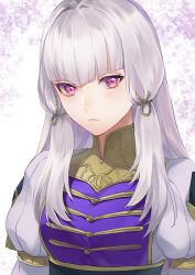 Rule 34 | 1girl, blunt bangs, closed mouth, commentary, dress, fire emblem, fire emblem: three houses, fire emblem warriors: three hopes, gold trim, hair intakes, isa (peien516), long hair, looking at viewer, lysithea von ordelia, multicolored clothes, multicolored dress, nintendo, official alternate costume, official alternate hairstyle, pink eyes, puffy sleeves, purple dress, solo, white dress, white hair