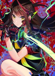 Rule 34 | 1girl, black shirt, brown hair, electricity, floating hair, green neckwear, headgear, highres, holding, holding sword, holding weapon, long hair, looking at viewer, multicolored background, original, parted lips, poligon (046), sailor collar, school uniform, serafuku, shirt, short sleeves, solo, swept bangs, sword, upper body, weapon, yellow eyes