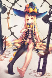 Rule 34 | 1girl, abigail williams (fate), abigail williams (second ascension) (fate), black bow, black hat, black panties, black thighhighs, blonde hair, bow, charm (object), fate/grand order, fate (series), h2o (dfo), hand on own chest, hat, highres, key, keyhole, long hair, looking at viewer, orange bow, oversized object, panties, polka dot, polka dot bow, red eyes, single thighhigh, sitting, solo, stuffed animal, stuffed toy, teddy bear, thighhighs, underwear, very long hair, witch hat