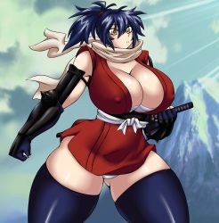 Rule 34 | 1girl, absurdres, bare shoulders, black thighhighs, blue hair, bracer, breasts, cleavage, covered erect nipples, cowboy shot, day, fingerless gloves, gloves, highres, huge breasts, japanese clothes, katana, kyelyn, looking at viewer, manyuu chifusa, manyuu hikenchou, mountain, outdoors, panties, parted lips, ponytail, scarf, sky, solo, sword, thick thighs, thighhighs, thighs, underwear, weapon, white panties, yellow eyes