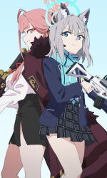 Rule 34 | 2girls, animal ear fluff, animal ears, aru (blue archive), black jacket, black skirt, blazer, blue archive, blue eyes, blue halo, blue scarf, breasts, brown coat, closed mouth, coat, coat on shoulders, extra ears, fur-trimmed coat, fur trim, grey hair, gun, halo, highres, holding, holding gun, holding weapon, jacket, large breasts, long hair, medium breasts, multiple girls, oinari (koheihei1109), open clothes, open jacket, pink hair, pink halo, pleated skirt, scarf, shiroko (blue archive), shirt, skirt, small breasts, smile, weapon, white shirt, wolf ears, yellow eyes