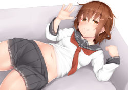 Rule 34 | 1girl, bad id, bad pixiv id, blue skirt, blush, brown hair, couch, hair ornament, hairclip, ikazuchi (kancolle), kantai collection, looking at viewer, lying, midriff, miniskirt, navel, ne an ito, on side, pleated skirt, school uniform, serafuku, short hair, skirt, smile, solo