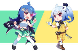 Rule 34 | 2girls, ahoge, bili girl 22, bili girl 33, bilibili, blue hair, blush, boots, breasts, brown footwear, chibi, collarbone, flat chest, gloves, hair ornament, kneehighs, long hair, medium breasts, multiple girls, navel, open mouth, overalls, parted lips, play button, pliers, red eyes, sarashi, sharlorc, short hair, short ponytail, side ponytail, smile, socks, thighhighs, white gloves, white legwear, wrench