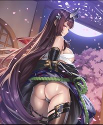 Rule 34 | absurdres, ass, ass focus, breasts, cherry blossoms, evertale, gloves, highres, horns, japanese clothes, kimono, large breasts, leather, leather gloves, lips, looking at viewer, looking back, moon, non-web source, oni, oni horns, red eyes, rope belt, sarashi, smile