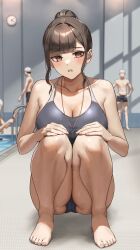 Rule 34 | 1girl, anteiru, bare shoulders, barefoot, blurry, blurry background, blush, breasts, brown eyes, brown hair, cleavage, clock, competition swimsuit, fujisaki hanami (anteiru), grey one-piece swimsuit, hair bun, highres, large breasts, looking at viewer, one-piece swimsuit, open mouth, original, pool, pool ladder, sidelocks, squatting, swim cap, swimsuit, thighs, toes, whistle, whistle around neck