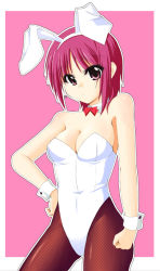 Rule 34 | 10s, angel beats!, animal ears, bow, bowtie, detached collar, fake animal ears, fishnet pantyhose, fishnets, iwasawa masami, leotard, luckluck, pantyhose, playboy bunny, rabbit ears, rabbit tail, red eyes, red hair, short hair, solo, tail, wrist cuffs
