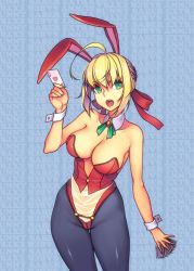 Rule 34 | 10s, 1girl, ahoge, animal ears, bare shoulders, black pantyhose, blonde hair, blue background, breasts, card, cleavage, covered navel, cowboy shot, detached collar, fake animal ears, fate/extra, fate (series), green eyes, hair ribbon, heart, holding, large breasts, leotard, looking at viewer, nero claudius (fate), nero claudius (fate) (all), nero claudius (fate/extra), open mouth, pantyhose, playboy bunny, playing card, rabbit ears, revision, ribbon, solo, wrist cuffs, yuksi