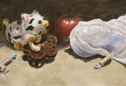 Rule 34 | animal print, apple, bag, brown background, candy, candy wrapper, closed mouth, commentary, cow print, creature, english commentary, food, from side, fruit, indoors, itemlabel, leorio1999, mushroom, no humans, peepy, plastic bag, still life, white bag, wide-eyed