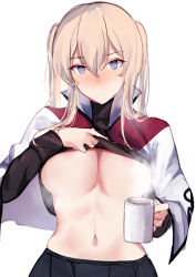 Rule 34 | 1girl, black shirt, black skirt, blonde hair, blush, breasts, capelet, clothes lift, coffee mug, commentary request, cowboy shot, cup, graf zeppelin (kancolle), grey eyes, hair between eyes, highres, holding, holding cup, kantai collection, large breasts, lifted by self, long hair, long sleeves, looking at viewer, military, military uniform, miyasaka miyabi, mug, navel, shirt, shirt lift, sidelocks, simple background, skirt, solo, standing, steam, stomach, tsurime, twintails, underboob, uniform, white background