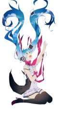 Rule 34 | 1girl, artist request, blue eyes, blue hair, boots, character request, copyright request, double exposure, happy, looking up, non-web source, outstretched arms, reaching, seiza, sitting, smile, solo, source request, twintails