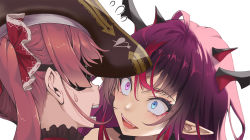 Rule 34 | 2girls, black headwear, black horns, blue eyes, crazy smile, eyepatch, hair ribbon, hat, heterochromia, hololive, hololive english, horns, houshou marine, irys (hololive), irys (irys 1.0) (hololive), kubota masaki, lips, long hair, looking at viewer, multicolored hair, multiple girls, open mouth, pink eyes, pirate hat, pointy ears, portrait, purple hair, red hair, red ribbon, ribbon, simple background, smile, sweatdrop, teeth, upper body, upper teeth only, virtual youtuber, white background