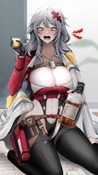 Rule 34 | :o, absurdres, alcohol, belt, belt pouch, black gloves, black leotard, blush, bottle, breasts, chaps, cleavage, clothing cutout, coat, coat on shoulders, cropped jacket, gloves, goddess of victory: nikke, grey hair, hair ornament, hairclip, highres, holding, jacket, large breasts, leotard, long hair, messy hair, midriff, navel cutout, open mouth, pouch, red jacket, sharp teeth, stomach cutout, tearing up, teeth, thigh pouch, white coat, yellow eyes, ymr yamero, yulha (nikke)