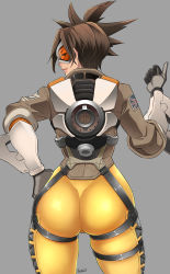Rule 34 | 1girl, artist name, ass, bodysuit, brown hair, butcha-u, chest harness, from behind, gloves, goggles, grey background, hand on own hip, harness, highres, orange-tinted eyewear, overwatch, overwatch 1, shiny clothes, skin tight, skindentation, solo, spiked hair, thigh strap, tinted eyewear, tracer (overwatch), union jack