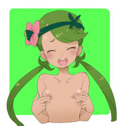 Rule 34 | 1girl, :d, ^ ^, breasts, closed eyes, covering nipples, covering privates, creatures (company), dark-skinned female, dark skin, flower, game freak, green background, green hair, hair flower, hair ornament, hairband, long hair, mallow (pokemon), nintendo, nude, ookamiuo, open mouth, outside border, pokemon, pokemon sm, round teeth, small breasts, smile, solo, teeth, twintails, upper body