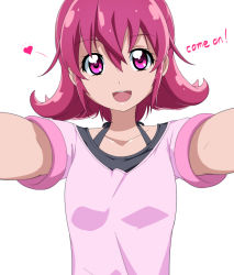 Rule 34 | 1girl, :d, acchi (koiyimknp), aida mana, blouse, dokidoki! precure, english text, heart, highres, looking at viewer, open mouth, pink eyes, pink hair, pink shirt, precure, reaching, reaching towards viewer, selfie, shirt, smile, solo
