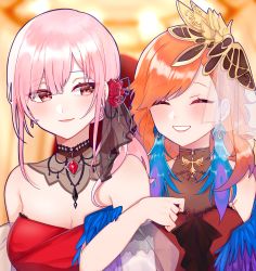 Rule 34 | 2girls, absurdres, bare shoulders, blush, cleavage, closed eyes, couple, dress, earrings, feather earrings, feathers, flower, gradient hair, highres, hololive, hololive english, jewelry, locked arms, long hair, mori calliope, mori calliope (party dress), multicolored hair, multiple girls, official alternate costume, orange hair, pink hair, red dress, red eyes, rose, see-through, see-through cleavage, side-by-side, sleeveless, sleeveless dress, smile, takanashi kiara, takanashi kiara (party dress), tera (trs82341711), virtual youtuber, yuri