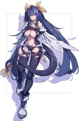 Rule 34 | 1girl, absurdres, angel wings, arms behind back, asymmetrical wings, bare shoulders, belt, black panties, black thighhighs, blue hair, blush, breasts, center opening, cleavage, collarbone, commentary, detached sleeves, dizzy (guilty gear), feathers, full body, guilty gear, guilty gear x, guilty gear xx, hair between eyes, hair ribbon, hair rings, highres, huanxiang huifeng, large breasts, long hair, long sleeves, looking at viewer, monster girl, navel, panties, puffy long sleeves, puffy sleeves, pulled by self, red eyes, ribbon, shadow, sidelocks, simple background, skindentation, solo, stomach, tail, tail ornament, tail ribbon, thick thighs, thigh gap, thigh strap, thighhighs, thighs, twintails, underboob, underwear, wings, yellow ribbon