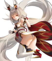 Rule 34 | 1girl, ;d, absurdres, animal ear fluff, animal ears, ass, bare shoulders, blunt bangs, breasts, cat ears, coattails, detached sleeves, eol 9, gloves, grey hair, high heels, highres, leg up, leotard, long hair, long sleeves, looking at viewer, low twintails, medium breasts, nia (blade) (xenoblade), nia (xenoblade), one eye closed, open mouth, paw pose, red footwear, simple background, smile, solo, standing, standing on one leg, thighhighs, twintails, very long hair, white background, white gloves, white leotard, white thighhighs, wide sleeves, xenoblade chronicles (series), xenoblade chronicles 2, yellow eyes