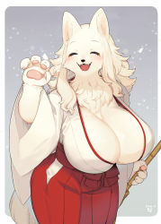 Rule 34 | 1girl, ^ ^, animal ears, animal nose, bamboo broom, blush, body fur, breasts, broom, claws, cleavage, closed eyes, commentary request, dated, closed eyes, fangs, furry, furry female, hakama, hakama skirt, hand up, highres, holding, holding broom, huge breasts, japanese clothes, kishibe, miko, original, red hakama, short hair, skirt, snout, solo, white fur