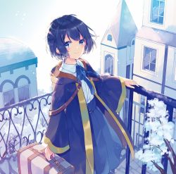 Rule 34 | 1girl, awai hinata, blue eyes, blue hair, blue jacket, blue skirt, blush, closed mouth, highres, holding, holding suitcase, house, jacket, long sleeves, looking at viewer, original, outdoors, railing, skirt, smile, snow, solo, suitcase, wondersky