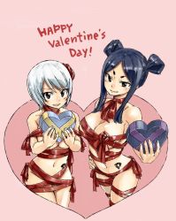 Rule 34 | 2girls, black hair, blunt bangs, breasts, brown eyes, cleavage, english text, fairy tail, large breasts, mashima hiro, minerva orlando, multiple girls, navel, official art, pink background, silver hair, simple background, smile, stomach, tattoo, underboob, valentine, yukino aguria