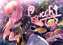 Rule 34 | 2girls, ^ ^, absurdres, ahoge, animal costume, black shirt, blonde hair, blue eyes, bocchi the rock!, bow, bowtie, closed eyes, cube hair ornament, dinosaur costume, drum, drum set, drumsticks, electric guitar, gibson les paul, gotoh hitori, guest art, guitar, hair between eyes, hair ornament, highres, holding, holding drumsticks, ijichi nijika, instrument, long hair, multiple girls, music, official art, one side up, open mouth, pink hair, playing instrument, plectrum, polka dot, polka dot bow, red bow, red bowtie, shirt, side ponytail, smile, star (symbol), warabimochi kinako