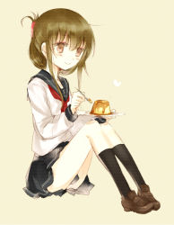 Rule 34 | 10s, 1girl, bad id, bad pixiv id, brown eyes, brown hair, folded ponytail, food, inazuma (kancolle), kantai collection, loafers, neckerchief, personification, plate, pudding, school uniform, sencha (coldcolor), serafuku, shoes, skirt, smile, solo, spoon