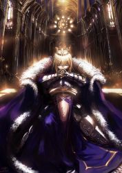 Rule 34 | 1girl, armor, armored dress, artoria pendragon (all), artoria pendragon (fate), avalon (fate/stay night), blonde hair, cape, church, closed eyes, crown, dress, fate/stay night, fate/zero, fate (series), highres, kneeling, on one knee, saber (fate), sheath, sheathed, signature, solo, standing, stu dts