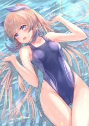 Rule 34 | 1girl, absurdres, blue hair, blue one-piece swimsuit, breasts, cameltoe, colored tips, commentary request, competition swimsuit, genshin impact, highleg, highleg swimsuit, highres, huziiro matutya, long hair, lying, multicolored hair, one-piece swimsuit, partially submerged, pink hair, ponytail, purple eyes, sangonomiya kokomi, small breasts, solo, swimsuit, water