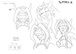 Rule 34 | 00s, 1girl, absurdres, breasts, character sheet, digimon, digimon frontier, facial mark, fairimon, fairy, fairy wings, garter straps, gauntlets, head wings, highres, long hair, mask, medium breasts, monochrome, multiple views, official art, revealing clothes, shoulder pads, simple background, thighhighs, translation request, underwear, upper body, very long hair, visor (armor), wide hips, wings