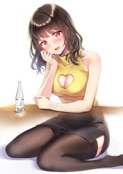 Rule 34 | 1girl, amagi shino, bare arms, bare shoulders, black skirt, black thighhighs, blush, bottle, breasts, brown hair, character request, cleavage cutout, clothing cutout, collarbone, copyright request, covered collarbone, drink, elbows on table, feet out of frame, head tilt, heart cutout, highres, medium breasts, medium hair, miniskirt, no shoes, nose blush, orange eyes, pencil skirt, side slit, sitting, skirt, sleeveless, sleeveless sweater, solo, sweater, table, thighhighs, turtleneck, turtleneck sweater, virtual youtuber, wariza, wavy hair, white background, wooden table, yellow sweater