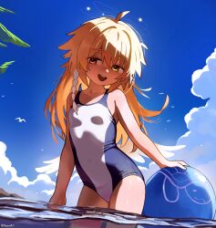 1girl absurdres ahoge ball beachball blonde_hair blush breasts brown_eyes collarbone day hepari highres long_hair one-piece_swimsuit open_mouth original outdoors small_breasts smile solo swimsuit teeth twitter_username upper_teeth_only