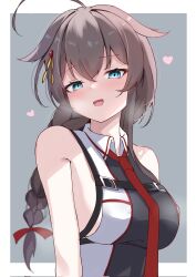 Rule 34 | 1girl, ahoge, blue eyes, blush, braid, breasts, brown hair, calin, chest harness, hair between eyes, harness, heart, highres, kantai collection, long hair, medium breasts, necktie, open mouth, red necktie, shigure (kancolle), shigure kai san (kancolle), sideboob, single braid, smile, solo, upper body