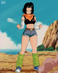 Rule 34 | 1girl, absurdres, android 17, artist name, bandana, belt, belt buckle, black hair, black shirt, blue eyes, blue footwear, buckle, clenched hands, closed mouth, cloud, commission, crop top, dragon ball, dragonball z, female focus, full body, genderswap, genderswap (mtf), highres, leg warmers, looking at viewer, midriff, navel, orange bandana, outdoors, salvamakoto, shirt, shoes, short hair, short shorts, shorts, sky, sleeveless, sleeveless shirt, smile, sneakers, solo, standing, straight-on, straight hair, thighs