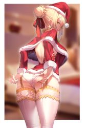 Rule 34 | 1girl, adjusting clothes, adjusting panties, ass, back, backless dress, backless outfit, blonde hair, breasts, capelet, christmas, dress, earrings, fate/extra, fate/grand order, fate (series), from behind, garter straps, green eyes, hair bun, hair over one eye, hair ribbon, hat, highres, hoop earrings, jewelry, k pring, lace, lace-trimmed legwear, lace trim, large breasts, long sleeves, looking back, microdress, naughty face, nero claudius (fate), nero claudius (fate) (all), nero claudius (fate/extra), panties, red ribbon, ribbon, santa costume, santa hat, short hair, sideways mouth, single hair bun, smug, solo, thighhighs, underwear, white panties, white thighhighs