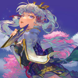 Rule 34 | 1girl, absurdres, armor, ayaka (genshin impact), blue jacket, breasts, cherry blossoms, chinese knot, cloud, collared jacket, commentary, dou, folding fan, genshin impact, gold trim, grey hair, hand fan, hand up, highres, holding, holding fan, jacket, japanese armor, kusazuri, long hair, looking at viewer, looking to the side, medium breasts, mole, mole under eye, open mouth, outdoors, rui (gsr1982), solo, upper body, very long hair