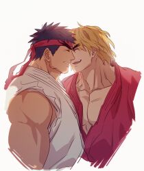 Rule 34 | 2boys, bara, bare arms, black hair, blonde hair, blush, couple, cropped torso, dougi, from side, happy, headband, heads together, highres, ken masters, male focus, multiple boys, muscular, muscular male, pectoral cleavage, pectorals, ryu (street fighter), short hair, smile, street fighter, yaoi, yuiofire