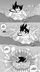 Rule 34 | black eyes, black hair, breasts, chasing, chi-chi (dragon ball), comic, diving mask, dragon ball, dragon ball (object), fins, fish tail, fleeing, funsexydb, goggles, greyscale, highres, large breasts, long hair, mermaid, monochrome, monster girl, muscular, muscular male, name on shirt, navel, scales, scuba gear, sea monster, sharp teeth, son goku, spiked hair, tail, teeth, topless male