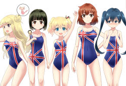 Rule 34 | 10s, 5girls, :d, adapted costume, alice cartelet, arm up, black hair, blue eyes, blush, breasts, brown eyes, brown hair, clenched hands, collarbone, competition school swimsuit, covered navel, doll, flag print, hair bun, hand on own hip, holding hands, inokuma youko, ishizu kayu, kin-iro mosaic, kokeshi, komichi aya, kujou karen, lineup, long hair, looking at another, looking at viewer, looking to the side, matching outfits, medium breasts, multiple girls, nose blush, one-piece swimsuit, oomiya shinobu, open mouth, print swimsuit, school swimsuit, short hair, single hair bun, small breasts, smile, swimsuit, thigh gap, twintails, union jack, white background