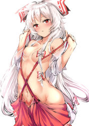 Rule 34 | 1girl, baggy pants, blush, bow, breasts, collarbone, commentary request, convenient censoring, fujiwara no mokou, hair between eyes, hair bow, hair censor, hair over breasts, hair ribbon, hands up, highres, long hair, long sleeves, looking at viewer, medium breasts, navel, no bra, no panties, off shoulder, open clothes, open mouth, open shirt, pants, pubic tattoo, red eyes, red pants, ribbon, shirt, simple background, solo, suspenders, tattoo, topless, touhou, very long hair, white background, white hair, white shirt, wide hips, yukishiro arte