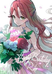 Rule 34 | 1girl, absurdres, artist name, artist request, bare shoulders, blush, bouquet, breasts, brown eyes, collarbone, dress, earrings, elbow gloves, female focus, flower, flower earrings, gloves, hair between eyes, half updo, highres, holding, holding bouquet, jewelry, long hair, looking at viewer, love live!, love live! sunshine!!, miniskirt, parted lips, petals, pink petals, plaid, plaid dress, plaid skirt, pleated, pleated dress, pleated skirt, red hair, sakurauchi riko, skirt, small breasts, smile, solo, white background, white gloves, white skirt, yellow eyes