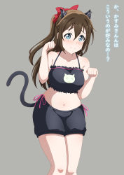 Rule 34 | &gt; &lt;, 1girl, absurdres, animal ears, animal print, aqua eyes, artist name, artist request, bare legs, black bra, black shorts, blue eyes, blush, bow, bra, breasts, brown hair, cat ears, cat print, cat tail, check translation, claw pose, commentary request, female focus, grey background, hair between eyes, hair bow, half updo, highres, long hair, looking at viewer, love live!, love live! nijigasaki high school idol club, nose blush, osaka shizuku, parted lips, pink ribbon, ponytail, red bow, ribbon, short shorts, shorts, side-tie shorts, smile, solo, string bra, tail, translated, translation request, underwear, worried