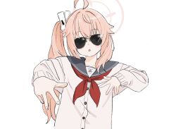Rule 34 | 1girl, ahoge, aviator sunglasses, black sailor collar, blue archive, blush, cardigan, chestnut mouth, commentary request, covered eyes, facing viewer, gang sign, glint, gomibako (gomibako price), hair flaps, hair ornament, hand up, head tilt, highres, long hair, natsu (blue archive), neckerchief, open mouth, outstretched arm, pink hair, raised eyebrows, red neckerchief, sailor collar, school uniform, serafuku, side ponytail, simple background, solo, sunglasses, upper body, white background, white cardigan