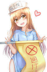 Rule 34 | 10s, 1girl, :d, absurdres, blonde hair, blue dress, blush, clothes writing, collarbone, commentary, contrapposto, cowboy shot, dated, dress, flag, flat cap, hair between eyes, hat, hataraku saibou, head tilt, heart, highres, holding, holding flag, long hair, looking at viewer, open mouth, platelet (hataraku saibou), round teeth, short sleeves, simple background, smile, solo, standing, sunhyun, teeth, upper teeth only, white background, white hat, yellow eyes