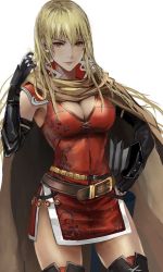 Rule 34 | 1girl, arrow (projectile), belt, black gloves, blonde hair, boots, breasts, brown eyes, cape, cleavage, closed mouth, commentary request, dark-skinned female, dark skin, dress, fingerless gloves, fire emblem, fire emblem: the binding blade, gloves, hand on own hip, hand up, highres, igrene (fire emblem), jack (kairuhaido), light smile, lips, looking at viewer, medium breasts, mole, mole under eye, nintendo, quiver, red dress, short dress, simple background, sleeveless, solo, thigh boots, thighhighs, thighs, zettai ryouiki